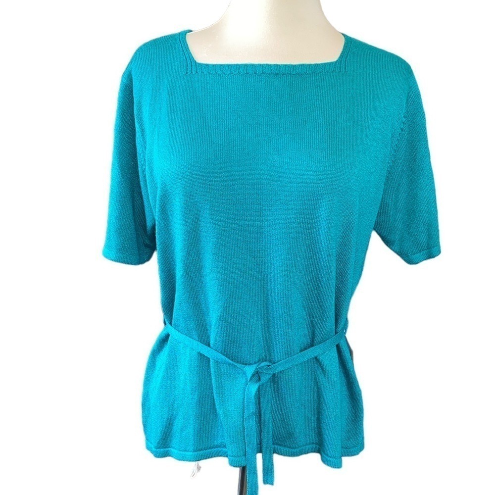 Sag Harbor Petite knit top ties at waist square neck short sleeve Sz Large PET